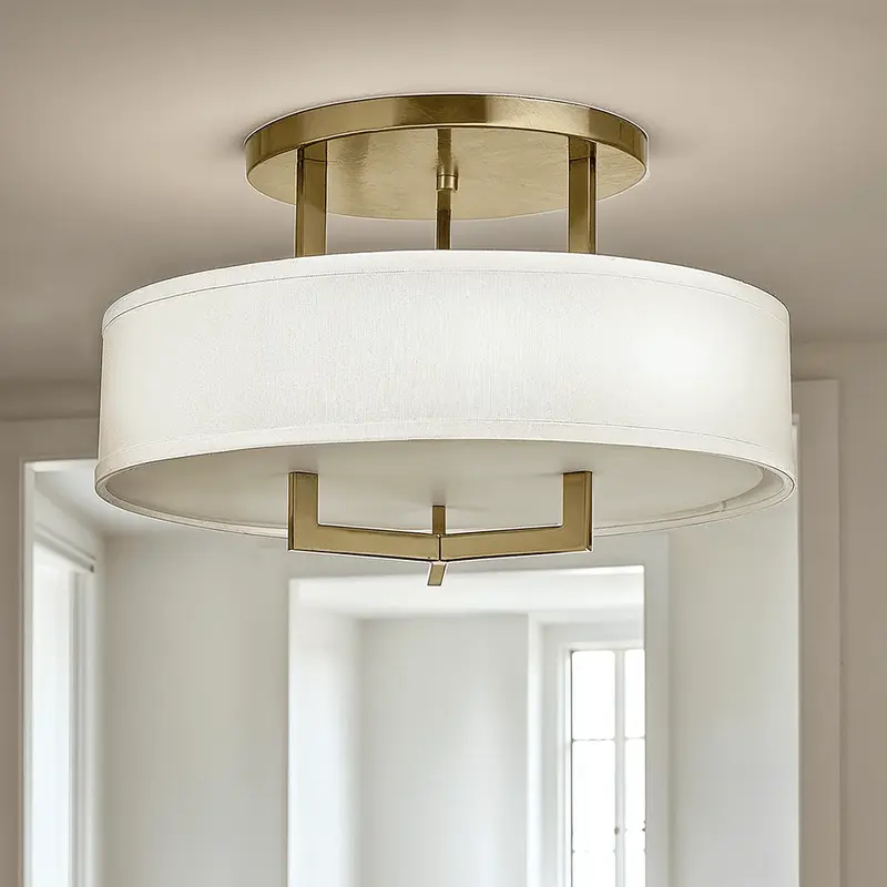 Jessie Brushed Brass 3 Light Semi-Flush Ceiling Light with Linen Shade