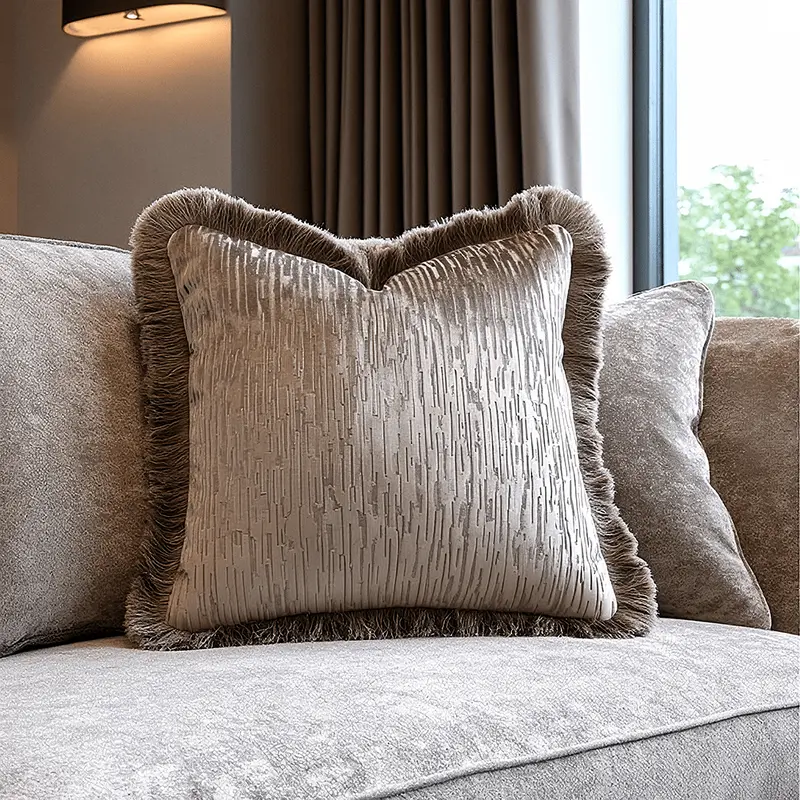 Narella Taupe Velvet Fringe Detail Cushion- 50 x 50cm
