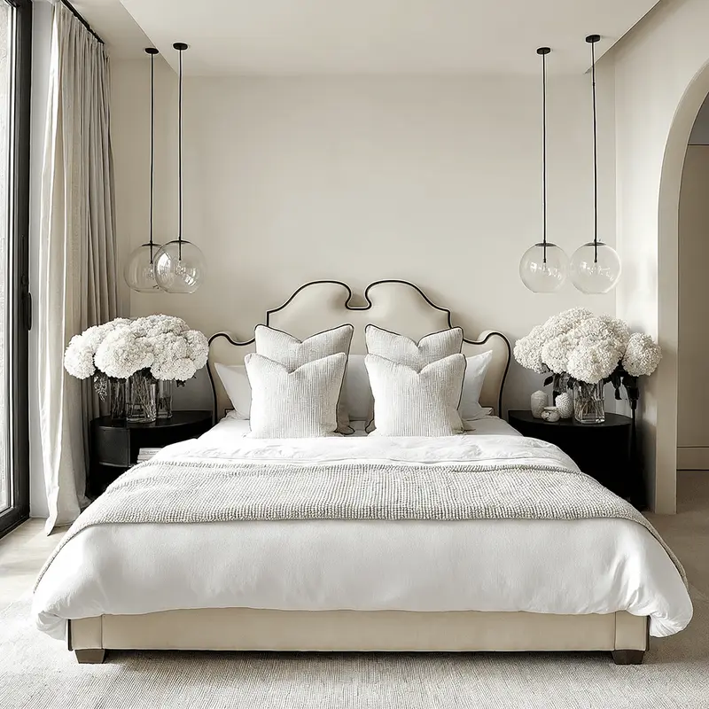 Seraphina Vanilla Velvet Statement Curved Bed with Black Piping Detail