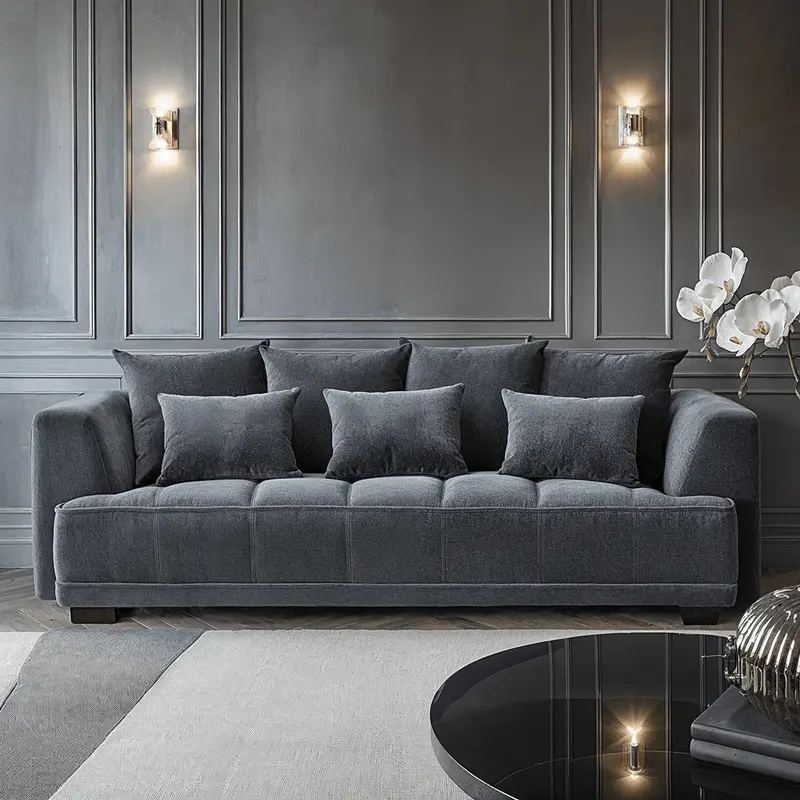 Sofia Steel Velvet Pillowback 3 Seater Sofa