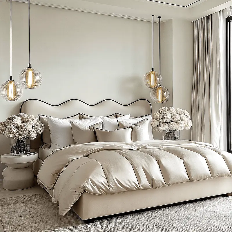 Squiggle Vanilla Velvet Scalloped Bed with Black Piping Detail