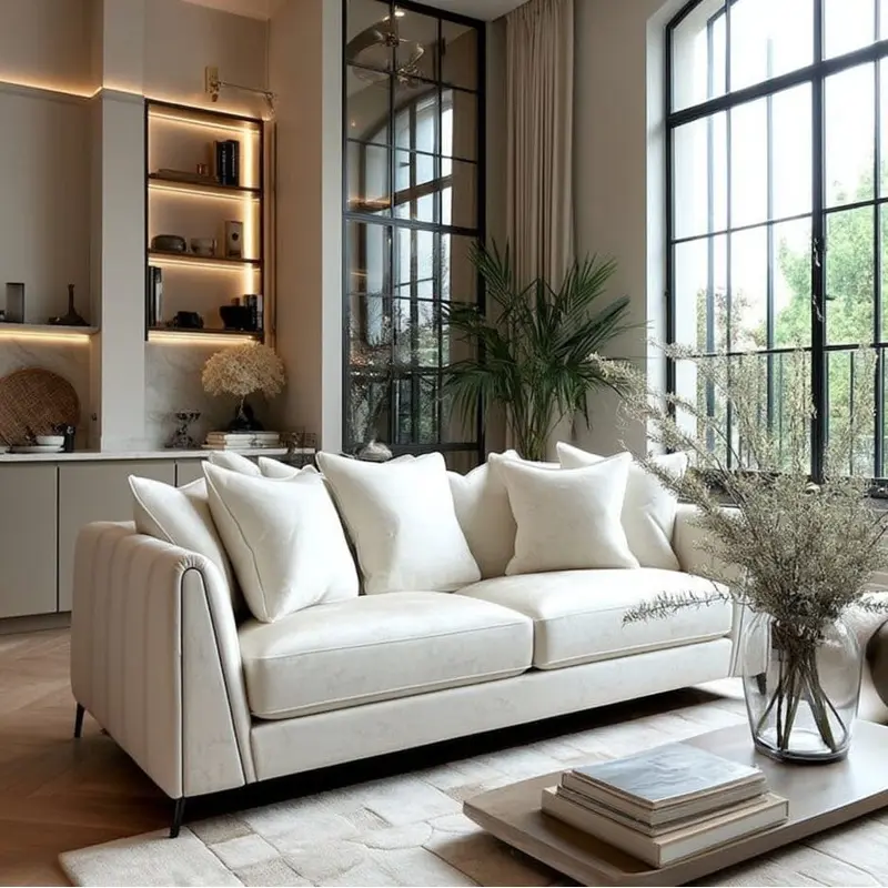 Alaina Cream Velvet Scatter Back 3 Seater Sofa with Black Legs