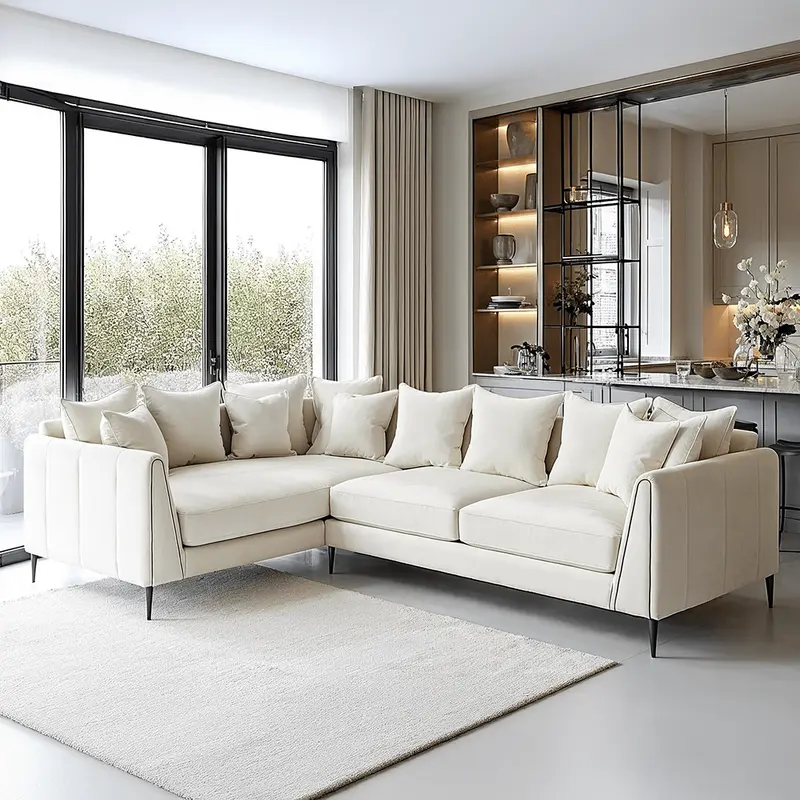 Alaina Cream Velvet Scatter Back Left Hand Facing Corner Sofa with Black Legs