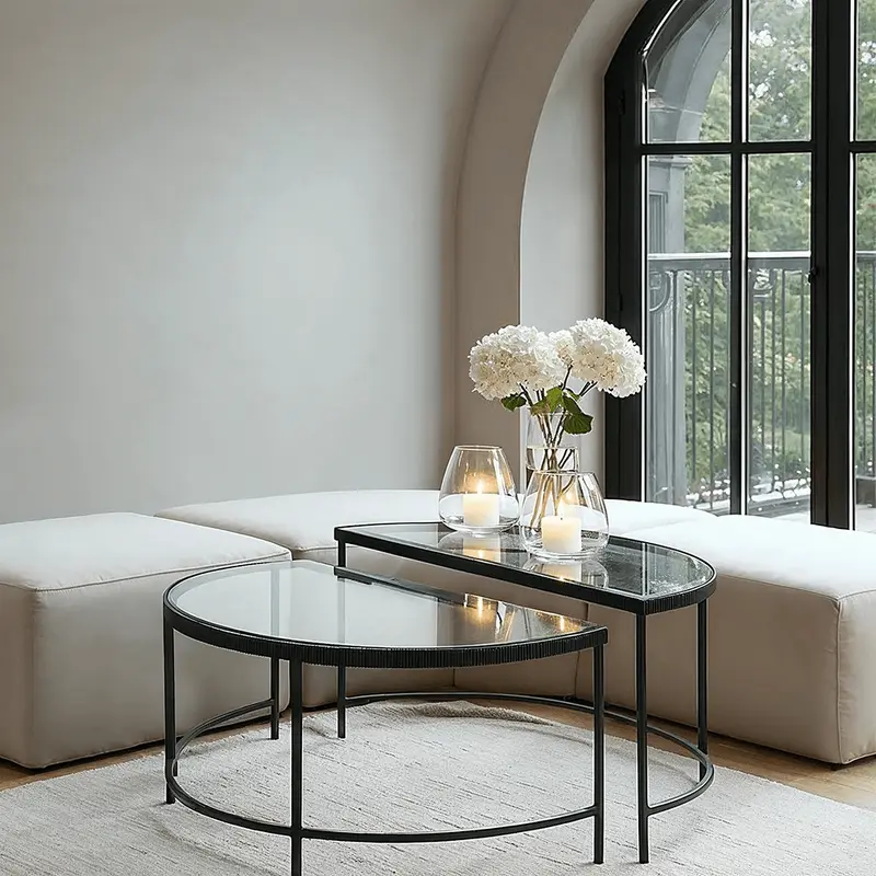 Alexis Bevelled Glass & Black Half Moon Coffee Tables - Set of 2