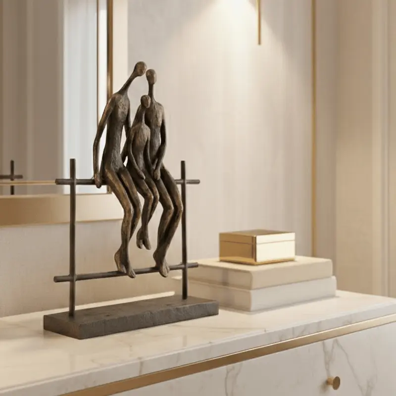 Antique Brass Family of Three Sitting Sculpture