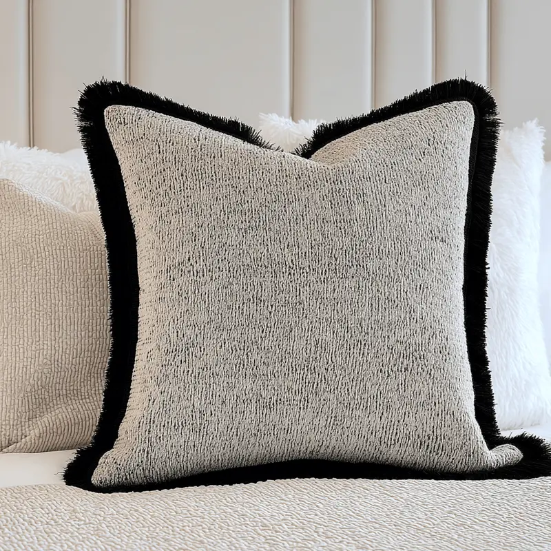 Araminta Greige Textured Cushion with Black Fringe Detail- 45x45cm
