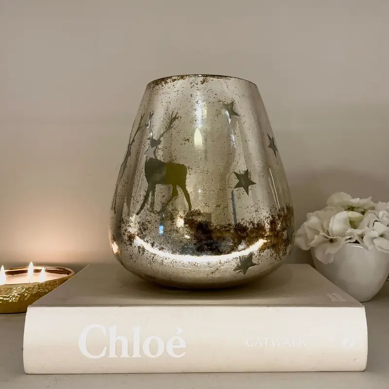 Bronze & Silver Distressed Reindeer Hurricane Votive
