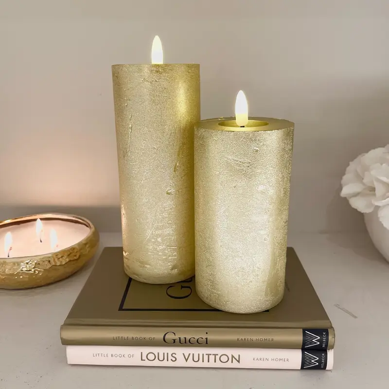 Gold Medium Glitter Festive LED Pillar Candle