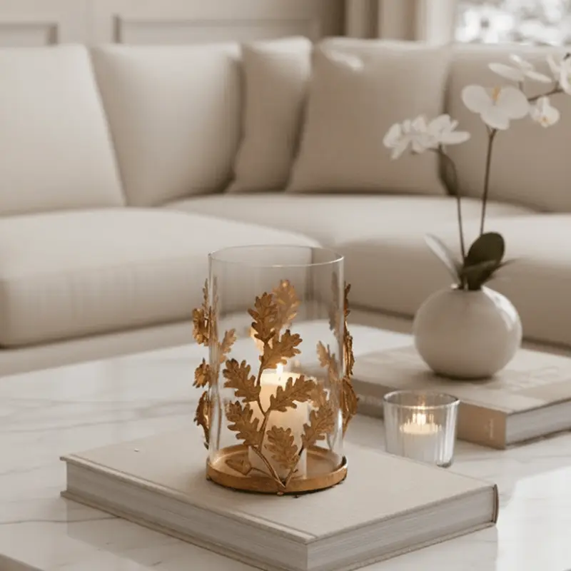 Golden Leaf Decorative Glass Hurricane