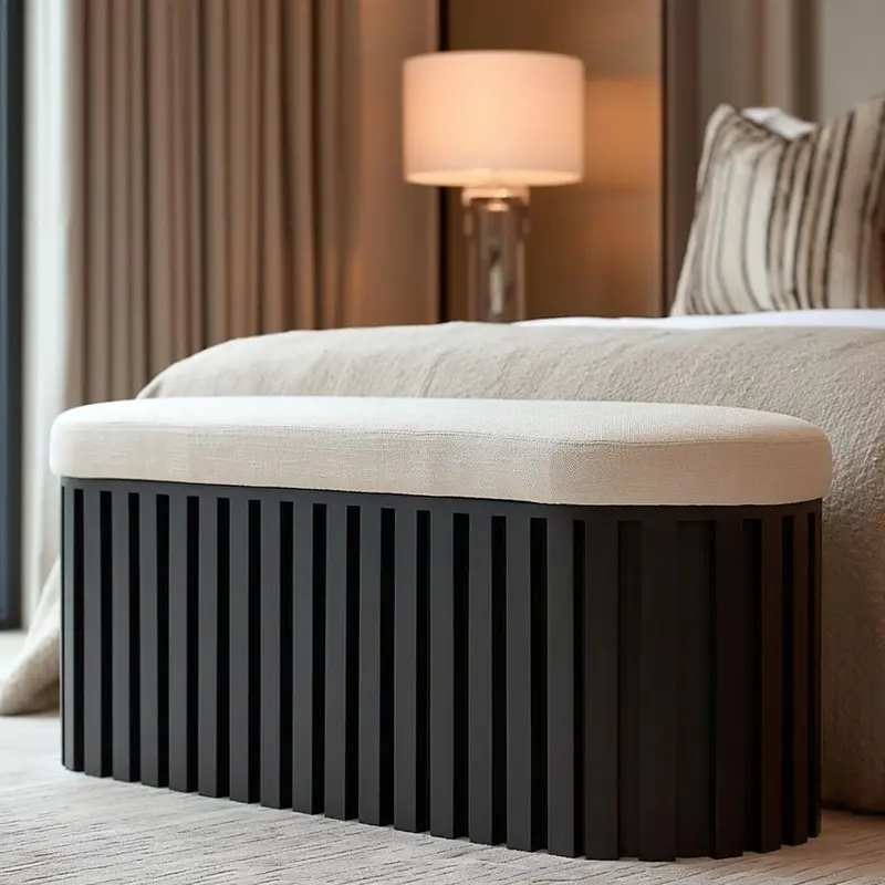 Mariana Black Slatted Bench with Cream Linen Upholstery