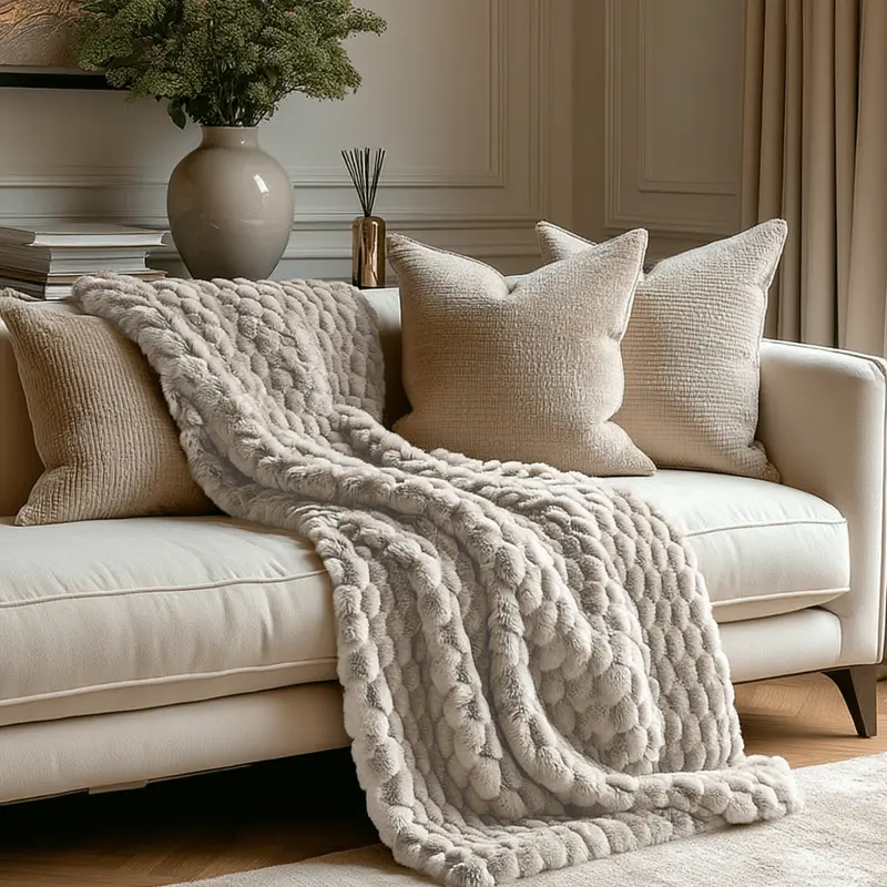 Niamh Oatmeal Bubbled Effect Cosy Faux Fur Throw