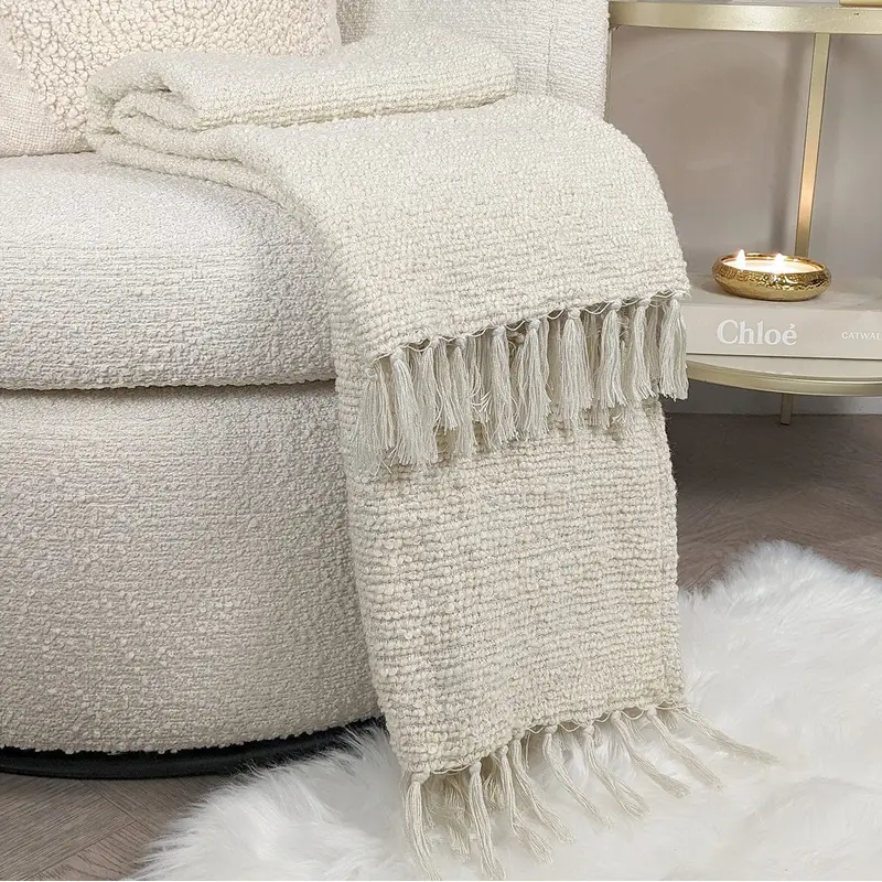 Rejuvenate Textured Cream Boucle Tasselled Throw