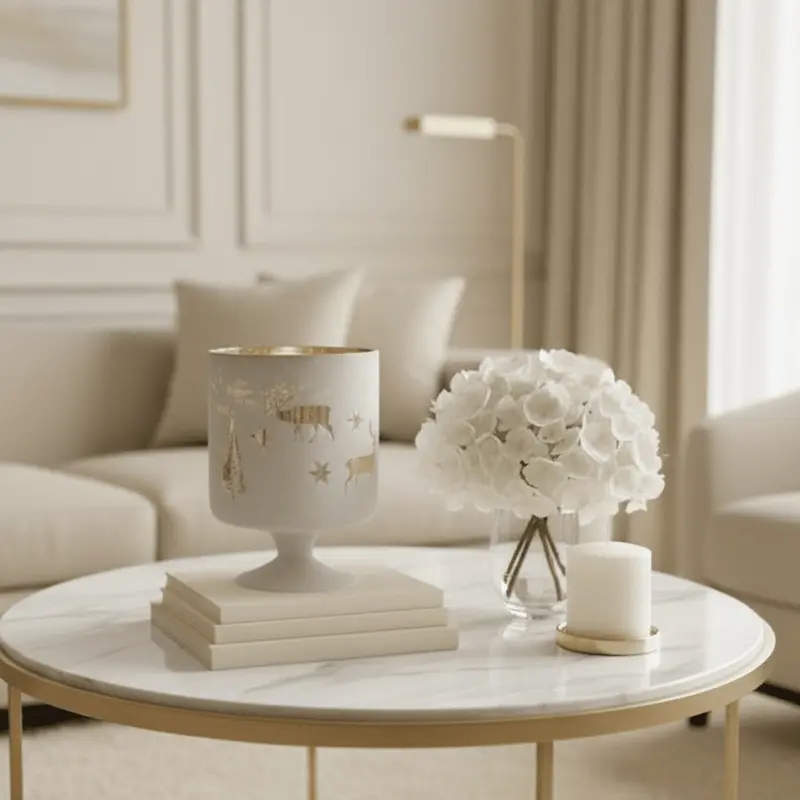 White & Gold Reindeer & Snowflake Decorative Candle Holder