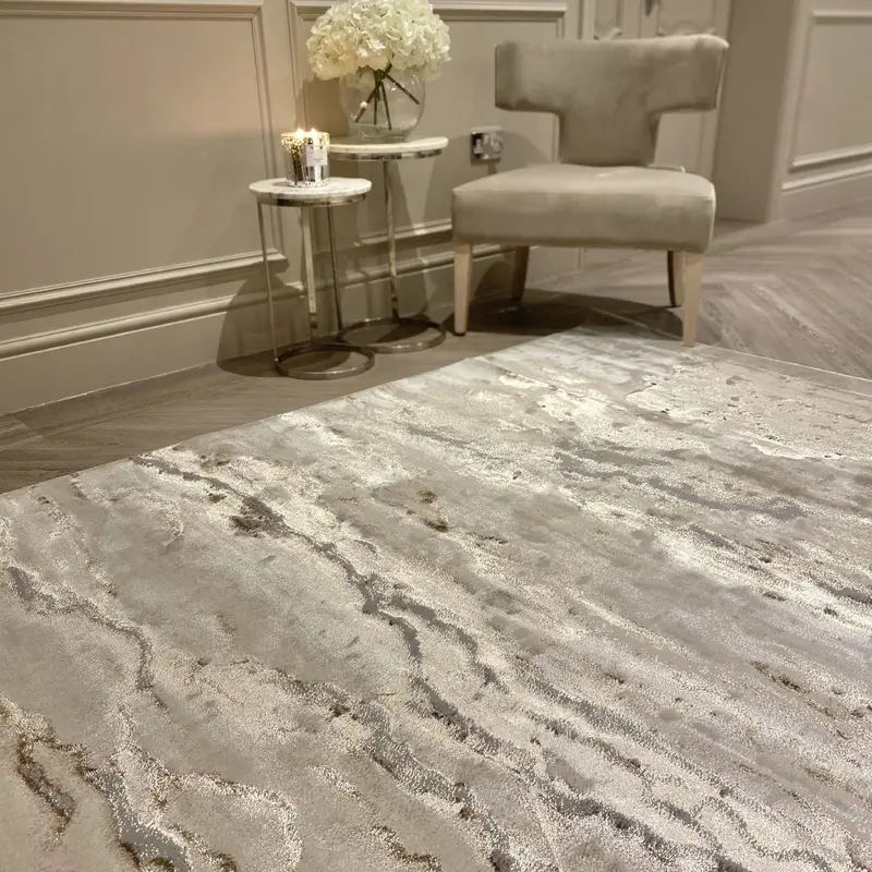 Astoria Cream & Metallic Gold Marble Velvet Rug With Grey Tones