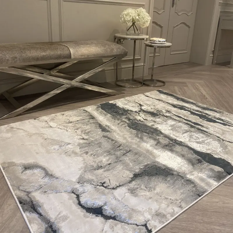 Glacial Cream & Grey Marble Wash Velvet Rug