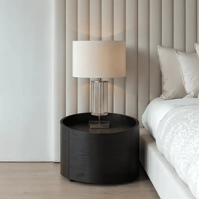 Ivillia Black Round Wooden Bedside Table
