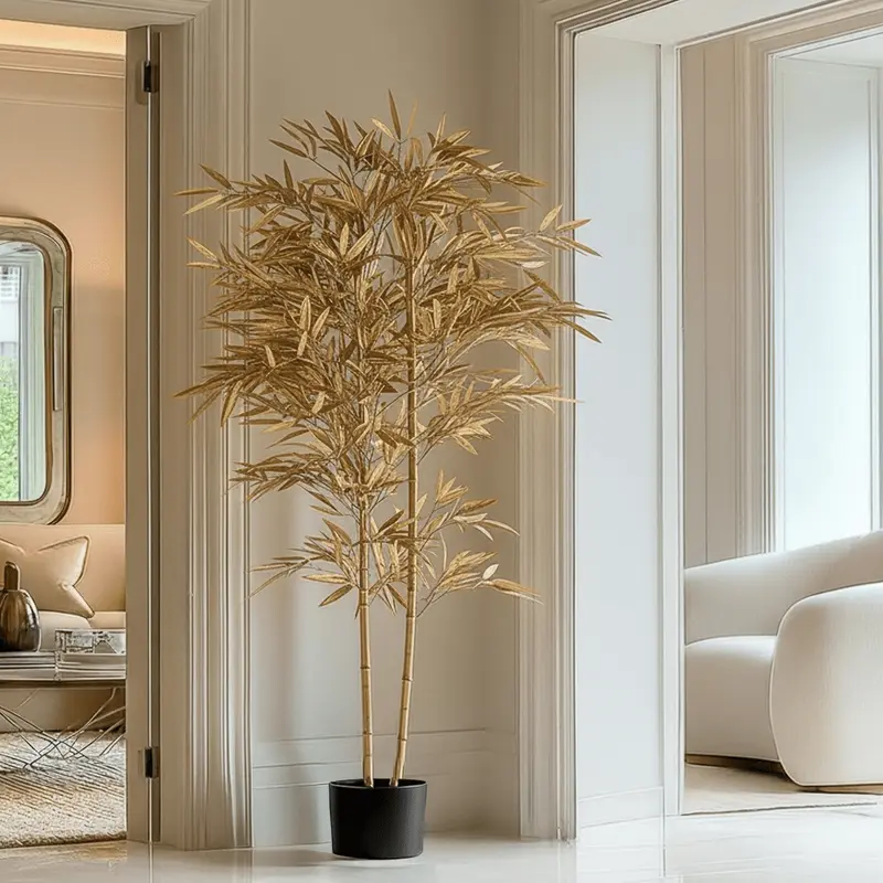 Large Metallic Light Gold Decorative Potted Faux Palm Tree