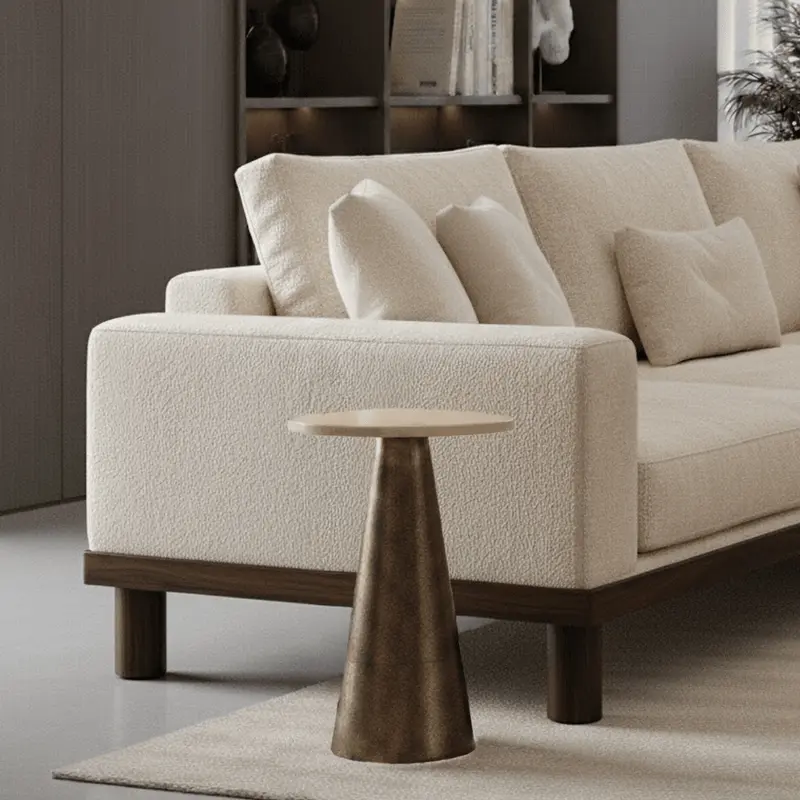 Macci Antique Brass Round Side Table with Travertine Top