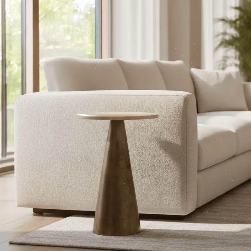 Macci Large Antique Brass Round Side Table with Travertine Top