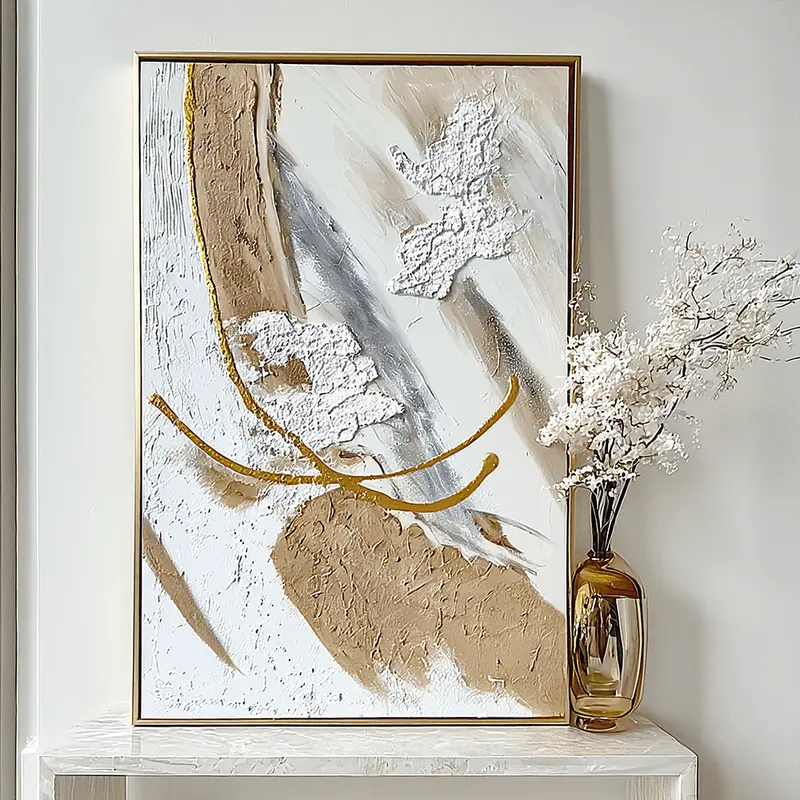 Verona Cream, Taupe & Gold Abstract Paint Brush Effect Textured Canvas Wall Art