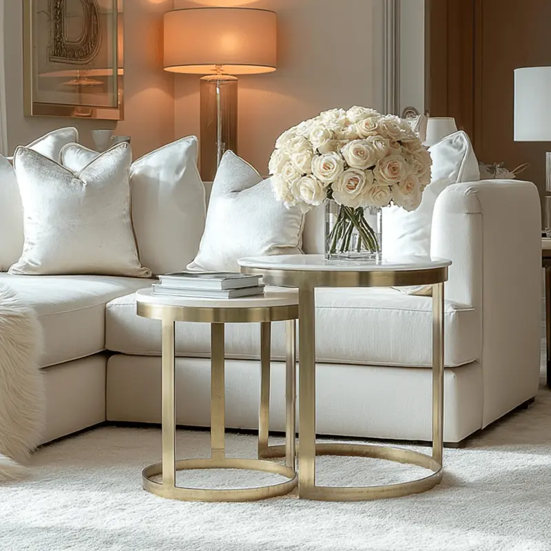 Xena Brushed Brass Nested Side Tables with Marble Top - Set of 2