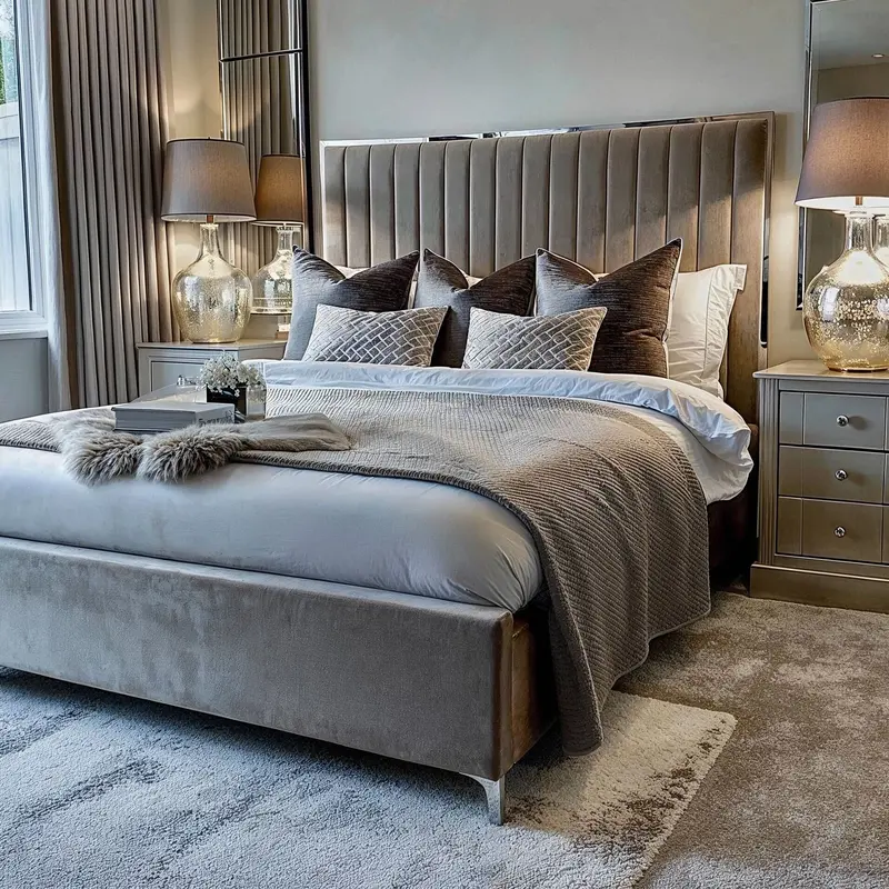 Tiffany Mink Velvet Bed with Silver Frame