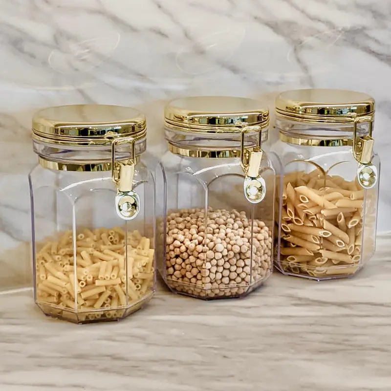 Pharaoh Large Gold Finish Octagonal Clear Acrylic Jar - Set of 3