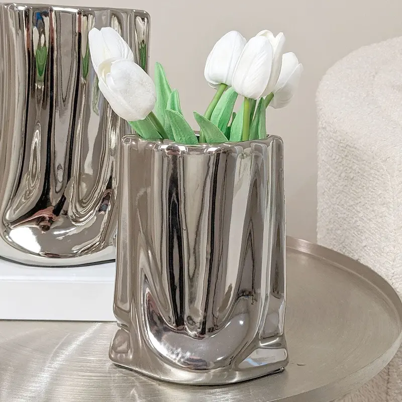Vega Petite Paper Bag Style Silver Ceramic Vase