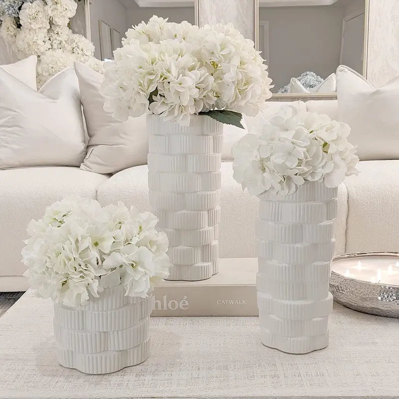 Willow White Ribbed Ceramic Vases - Set of 3