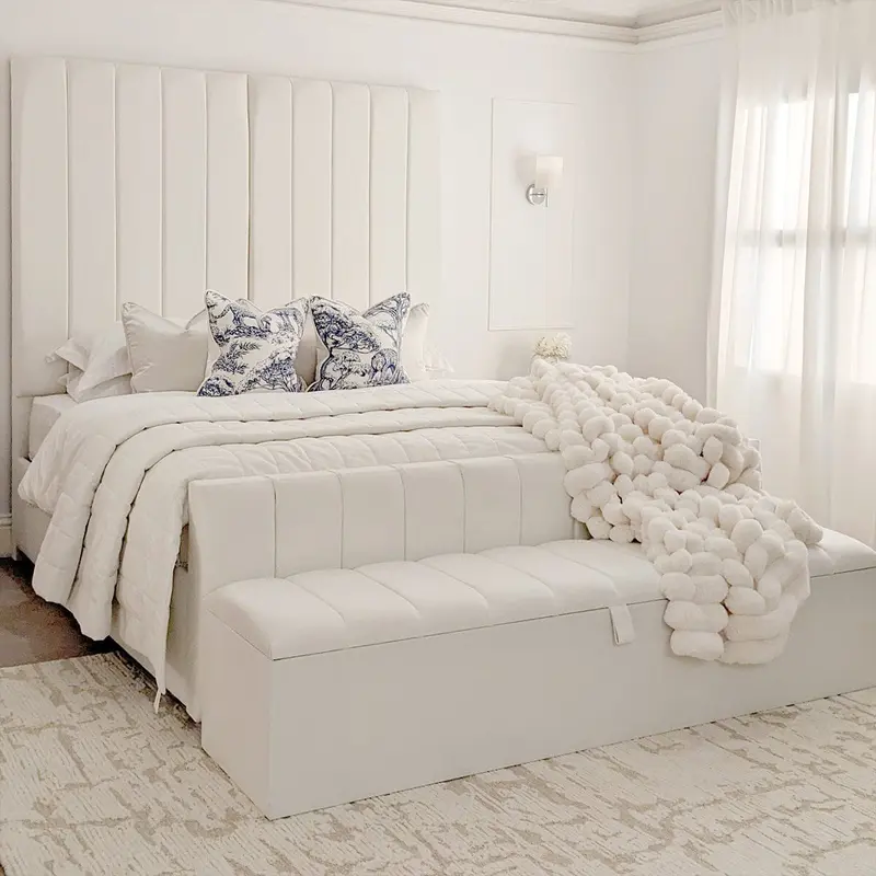 Zana Porcelain White Velvet Luxury Panelled Bed