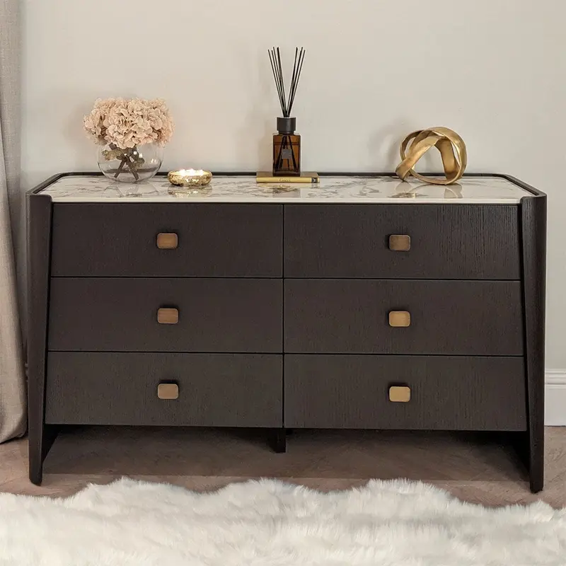 Adalynn Deep Brown Wooden 6 Drawer Chest with Faux Marble Top