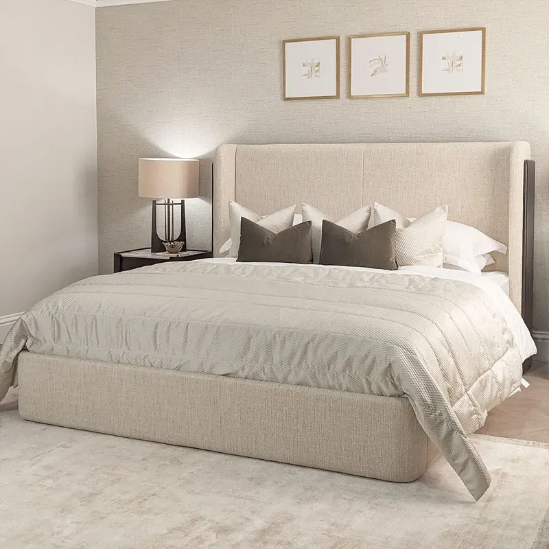 Adalynn Natural Textured Fabric Bed with Deep Brown Wooden Detail