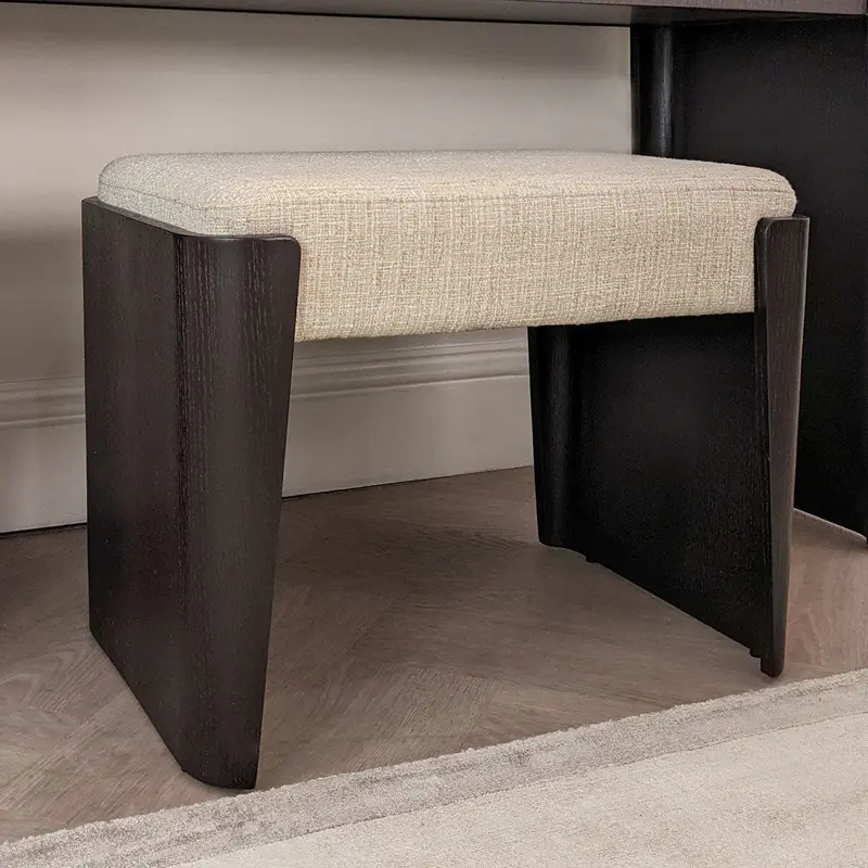 Adalynn Natural Textured Fabric Stool with Deep Brown Wooden Legs