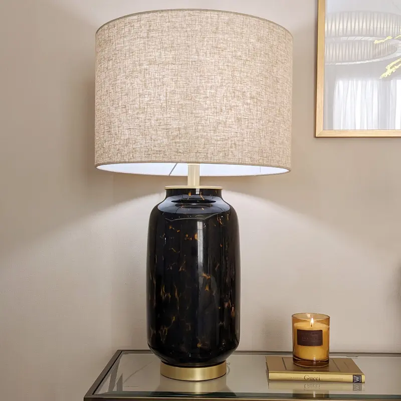 Cortado Tortoise Effect Glass Table Lamp with Linen Shade