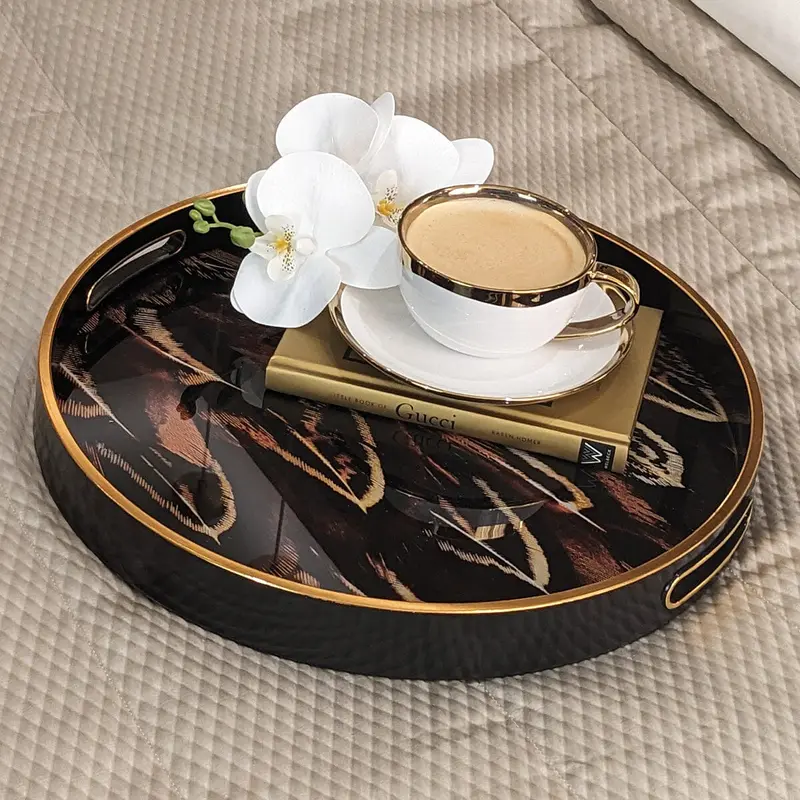 Doppio Black, Gold & Rust Feather Effect Round Decorative Tray