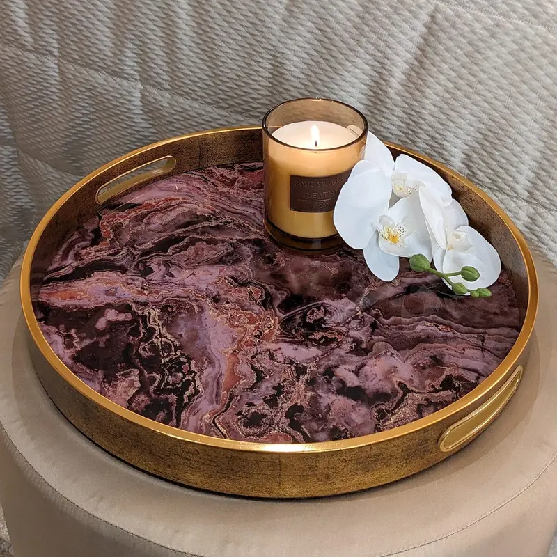 Gnache Bronze & Burgundy Round Marble Effect Decorative Tray