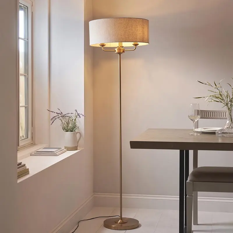 Juniper 3 Light Brass Floor Lamp with Neutral Shade