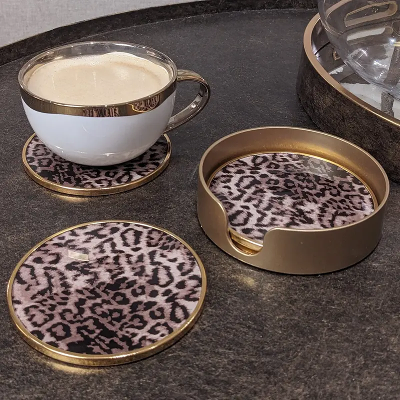 Leopard Print Coasters with Gold Holder - Set of 4