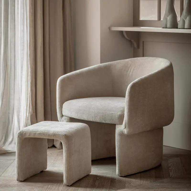 Rome Cream Textured Curved Accent Chair with Footstool