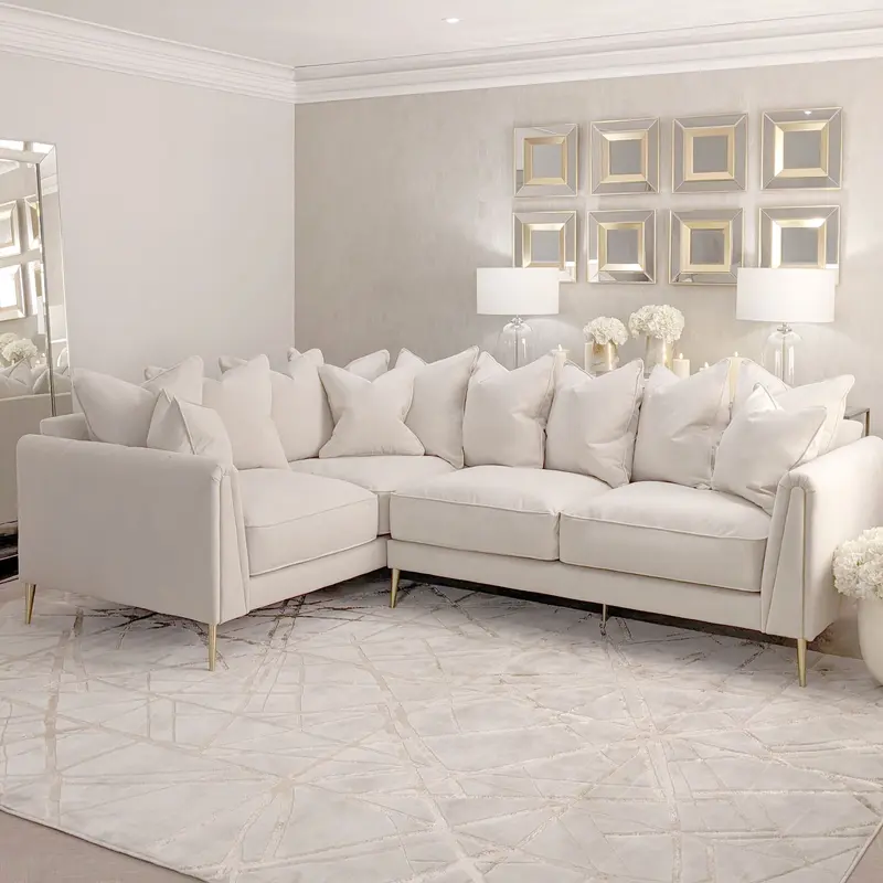 Alaina Cream Velvet Scatter Back Left Hand Facing Corner Sofa with Gold Legs