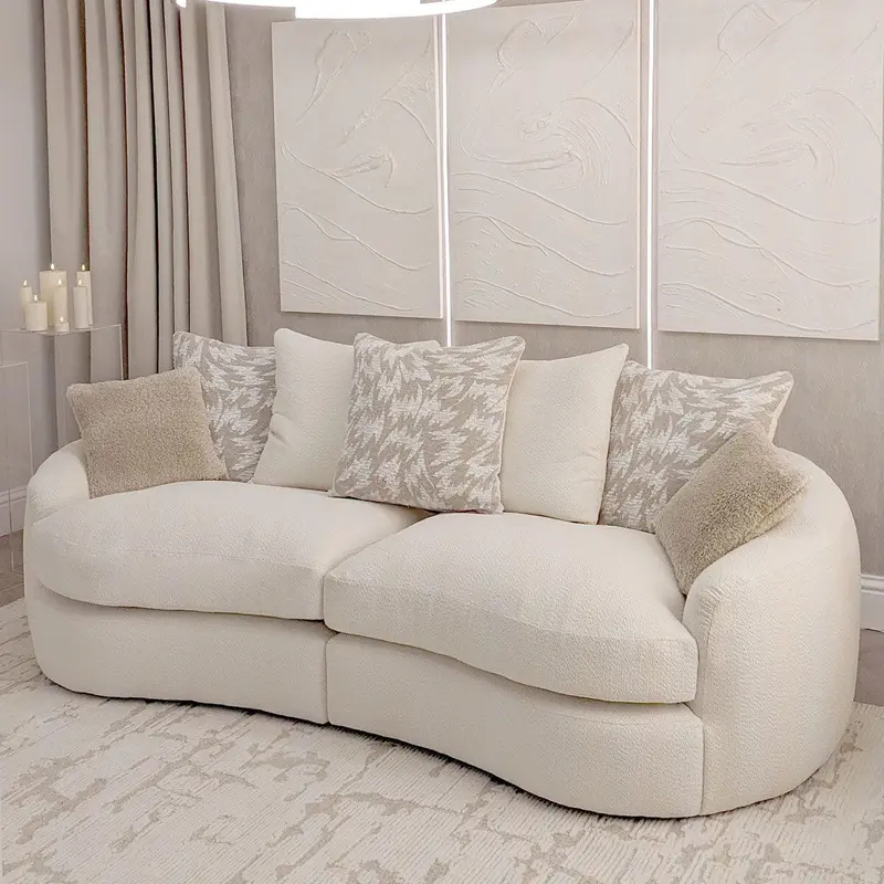 Aurelia Cream Boucle Curved Pillowback 4 Seater Sofa with Patterned Cushions
