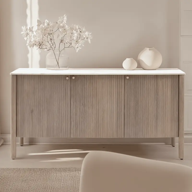 Luna Mango Wood Ribbed 3 Door Sideboard with Marble Top