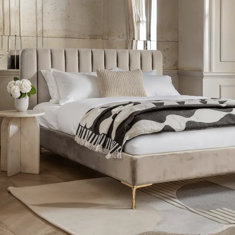Mirabella Latte Velvet Luxury Channelled Bed with Gold Feet