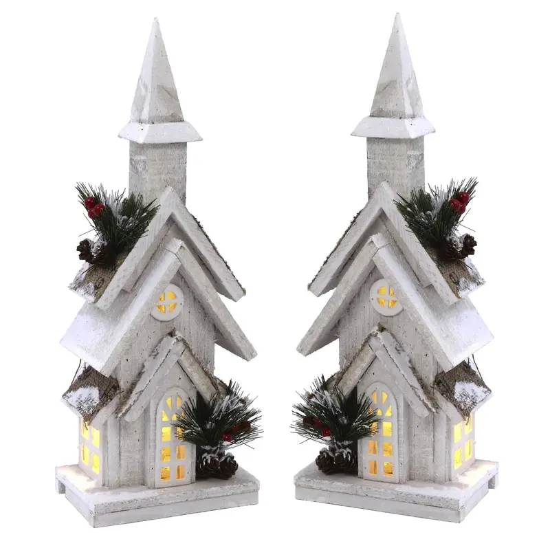 15" Battery-Operated Lighted Wooden Church with Pine & Berry Accent With Timer