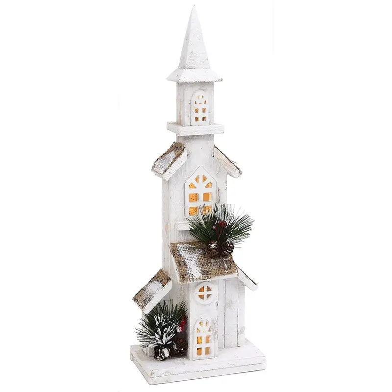 19.6" White Pine & Berry Wood Battery-Operated LED Church Dcor with Timer