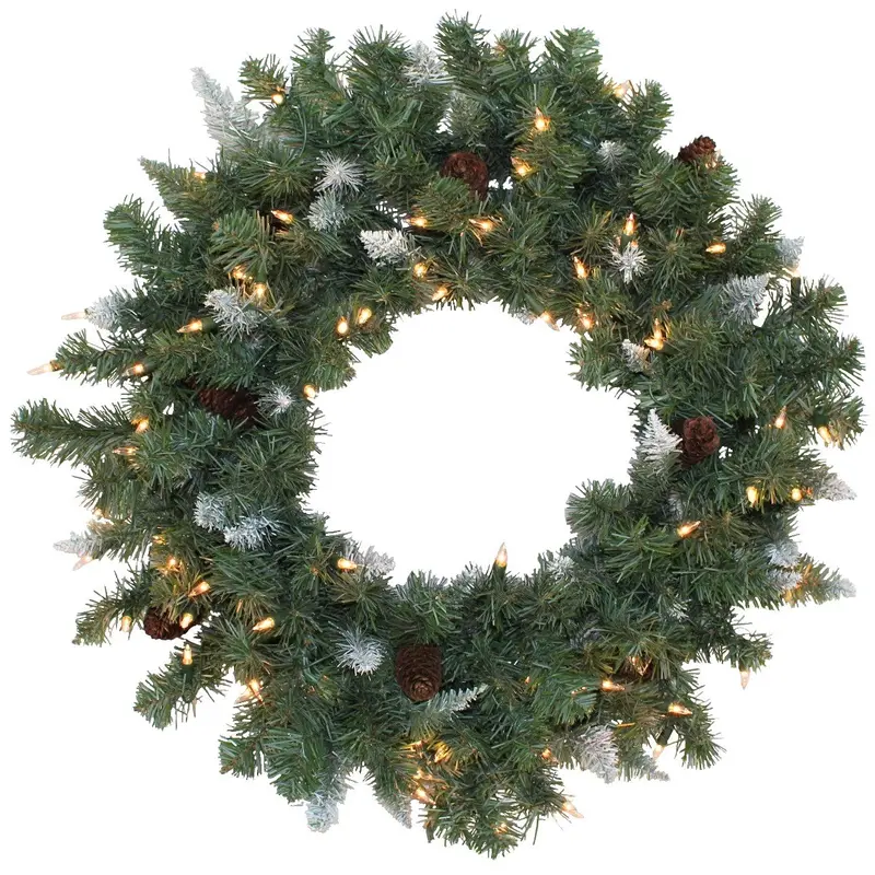 30" Pre-Lit Montana Wreath with White Tips and Pine Cones