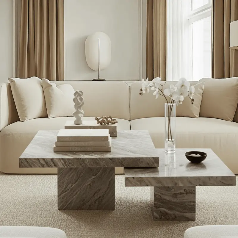 Abigail Warm Beige Marble Coffee Tables - Set of 2