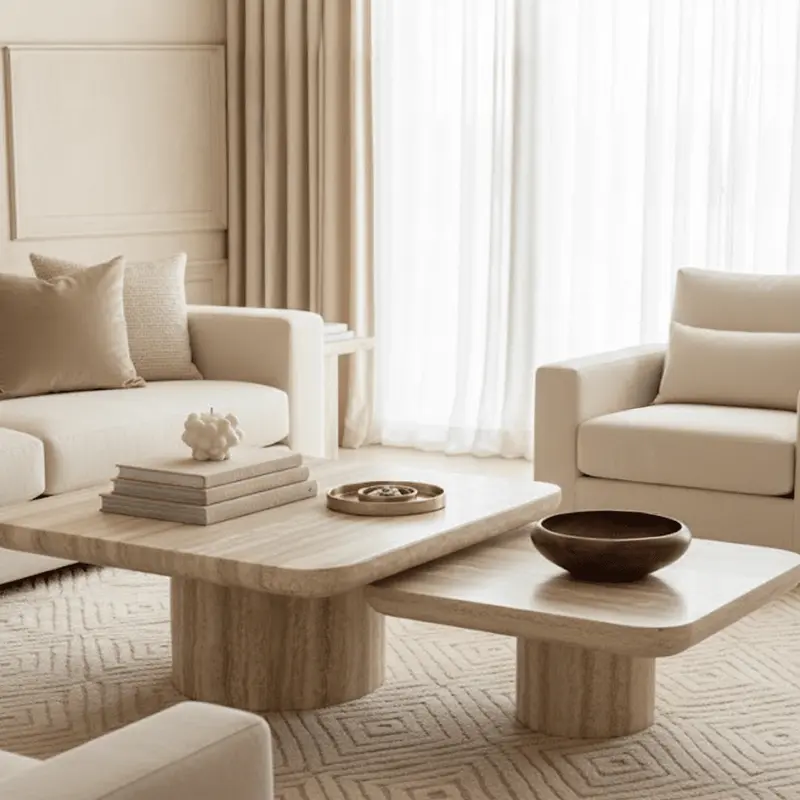 Ana Greige Faux Travertine Coffee Tables - Set of 2