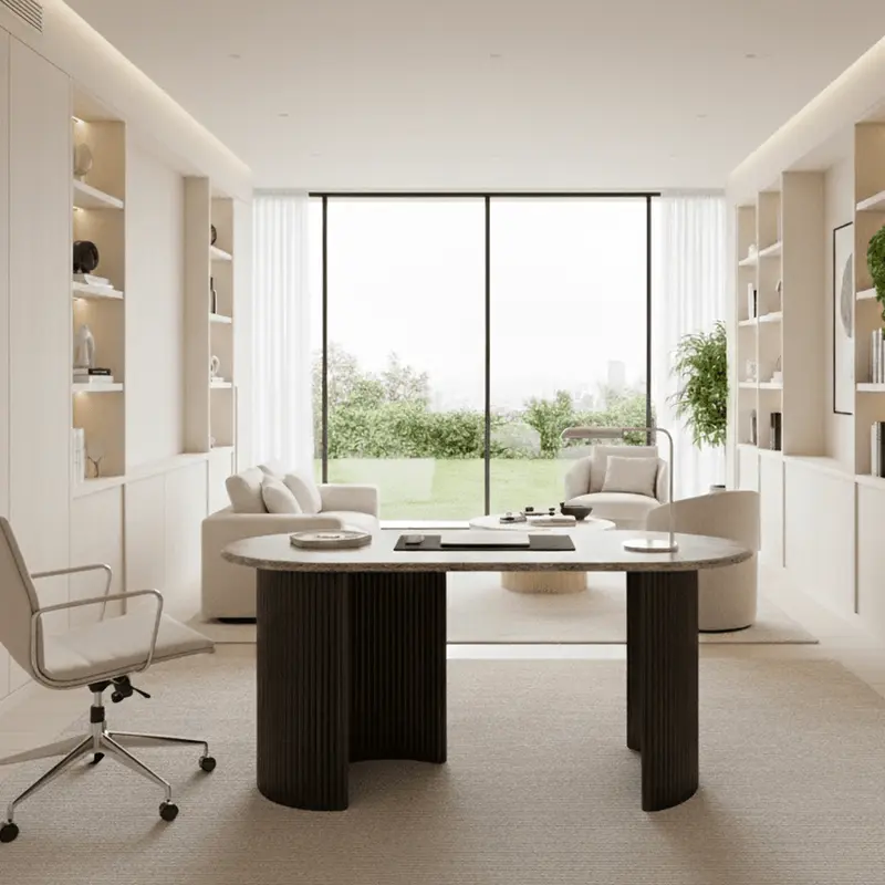 Astalina Brown Ribbed Wooden Pebble Shaped Desk with Marble Top