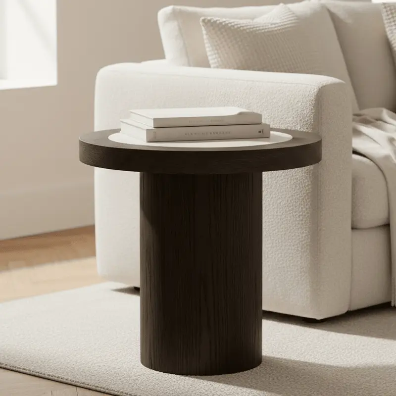 Balerno Deep Brown Wooden Side Table with Travertine Top